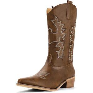 Women Brown Manmade Material Mid Calf Embroidered Low Heel Pointed Toe Boots